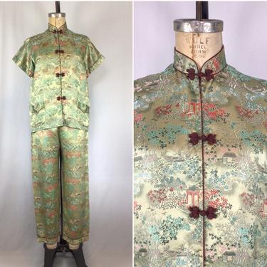 Vintage 70s pajamas | Vintage gold chinoiserie two piece pjs| 1970s Asian inspired top and pants 