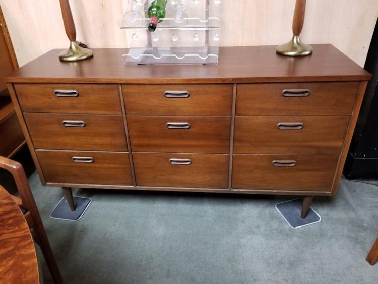 Mid-Century Modern walnut nine drawer dresser