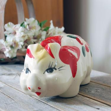 Vintage piggy bank / hand painted pig bank / 1940s McCoy piggy bank / pig gift / farmhouse decor / ceramic smiley pig savings bank 