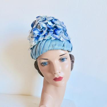 Vintage 1950's Light Pastel Blue Floral Hat Turban Velvet and Silk Flowers High Crown Spring Summer 50's Millinery 