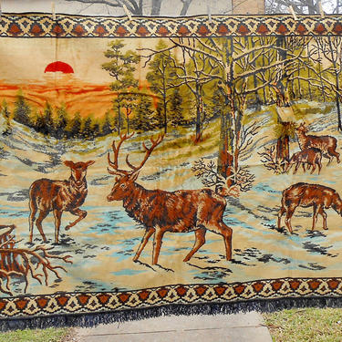 Vintage Large Velvet Tapestry Outdoor Winter Deer Elk Forest Scene Wall Hanging Rug Art Tapestry 