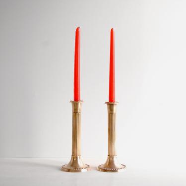 Vintage Brass Candle Holders, Pair of Fluted Column Brass Candlesticks 