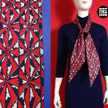 Vintage 60s 70s Red White Blue Brutalist Abstract Style Pattern Long Scarf Tie 
