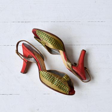 St. Cyr peeptoe heels | vintage 1950s shoes | woven leather 50s heels 6.5 