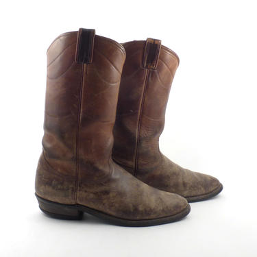 Cowboy Boots Vintage 1980s Nocona Distressed Brown Leather Flat Men's size 8 1/2 E 