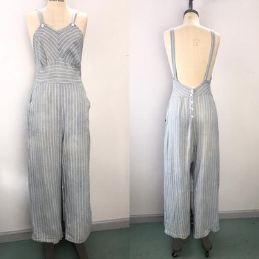 30s OVERALLS cotton pinstripe chambray Depression era blue jumpsuit vintage 1930s RARE 