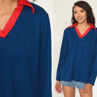 Blue Long Sleeve Shirt 70s Shirt Disco Tunic Top V Neck Blouse Dagger Collar Polyester 1970s Plain Shirt Vintage Collared Large L 
