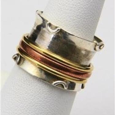 Vintage Artisan Spinner Slide Band Ring Silver Copper Brass Half Moon Design Size 7 