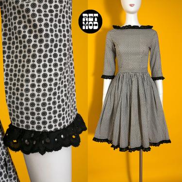 So Cute Vintage 50s Black &amp; White Medallion Print Two-Piece Cotton Skirt Set 