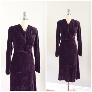 30s Purple Silk Velvet Dress / 1930s Vintage Long Sleeve 40s Dress / Large / Size 10 