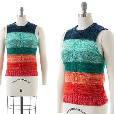 Vintage 1970s Sweater Vest | 70s Rainbow Striped Knit Acrylic Sleeveless Fitted Sweater Top (small) 