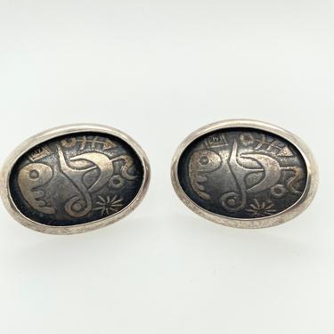 Vintage Artisan Modern Art Sterling Silver Clip On Button Earrings Miro Picasso Modernist Unique Surrealist Shadowbox 
