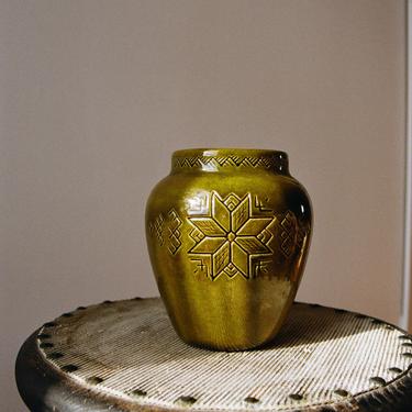Vintage Green Glazed Ceramic Tribal Vase 