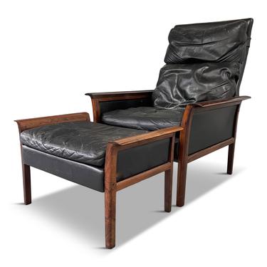 Hans Olsen Rosewood Danish Lounge Chair &amp; Ottoman in Black Leather Mid Century