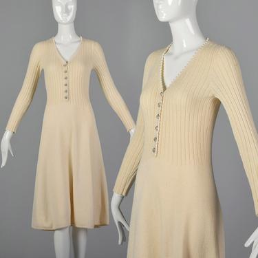 Small St John Knits for Lillie Rubin Dress 1980s Long Cream Sleeve Knit Sweater Dress Winter Wedding 