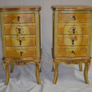 Antique French Provincial Hand Painted 4 Drawer Side Tables Nightstands