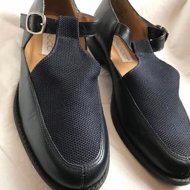 90’s Navy blue leather shoes~ sandals~ canvas t-strap buckle hipster oxfords~ size 9-91/2 