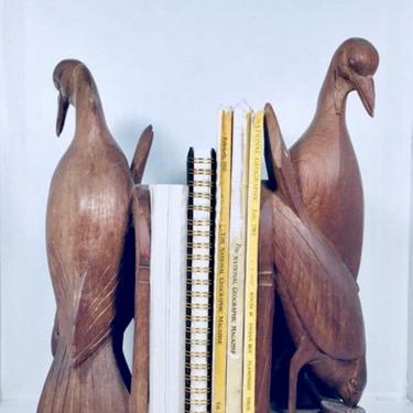 Crane Bookends | Crane Statues | Wood Bookends | Hand-Carved Wooden Desk Accessories | Intricate Bookends | Crane Paperweights | Wood Decor 