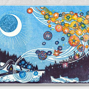 Falling Stars Falling Snow Winter Print | Winter Print | Blue | Snowflakes | Moon | Up North | Pine Trees | Cabin Art 