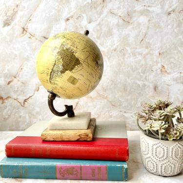 Vintage World Globe, Quartz Natural Stone, Wood Base, Mantel Decor, Home Decor 