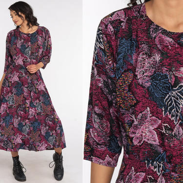 80s Midi Dress Purple Leaf Print Dress Boho Midi Dress 1980s Bohemian Vintage High Waist 3/4 Sleeve Large L 