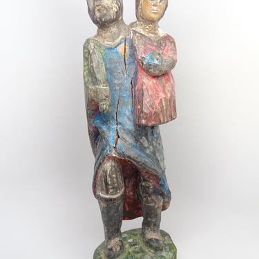 Large 15 3/4 Inch Antique 1800's Santos, Saint Joseph holding Christ Child Jesus , Vintage Hand Carved Religious Carving 