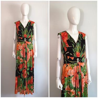 Vintage 1960s 1970s Floral Print Poppy Dress 60s 70s Poppies Maxi Dress 