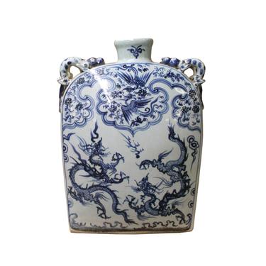Chinese Blue White Porcelain Dragons Phoenix Square Flat Vase ws1097E 