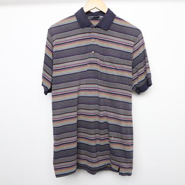 vintage men's 1990s micro STRIPED men's henley polo GOLF shirt -- size medium -- distressed condition 