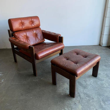 1970s Aged Leather Lounge Chair and Ottoman 