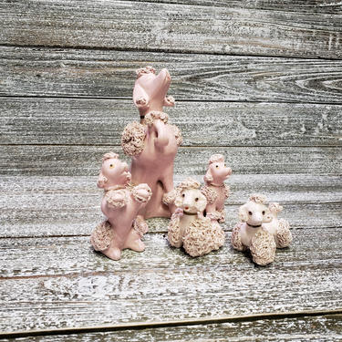 Vintage Pink Poodle Family, Chained Spaghetti Poodle Dog Pack, Damsel French Poodle &amp; Puppies, Mid Century Modern, Vintage Home Decor 