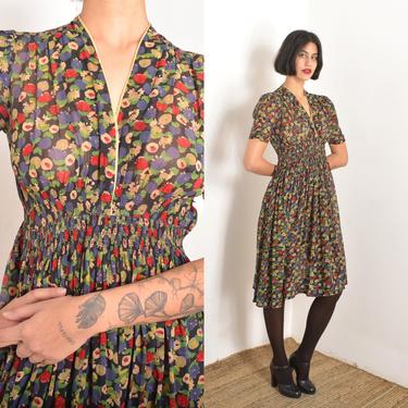 Vintage 1930s Dress / 30s Watercolor Floral Chiffon Dress / Red Blue Black ( XS extra small ) 