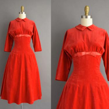 vintage 1950s dress | Candy Apple Red Sweeping Full Skirt Christmas Velvet Dress | XS | 50s vintage dress 