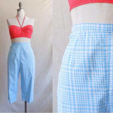 Vintage 50s Gingham Clam Digger Shorts/ 1950s High Waisted Blue White Plaid Long Shorts/ Size 27 