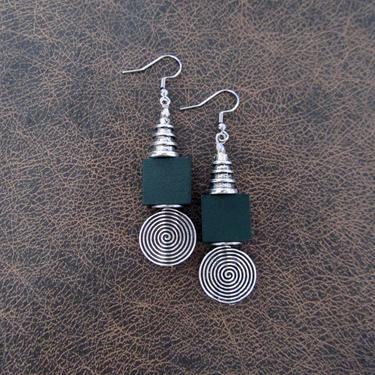 Green wood, silver geometric earrings, Afrocentric dangle earrings, mid century modern earrings, African earrings, bold statement, unique 