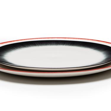 Off White Porcelain Dinner Plate / Salad Plate / Shadow Red Trim