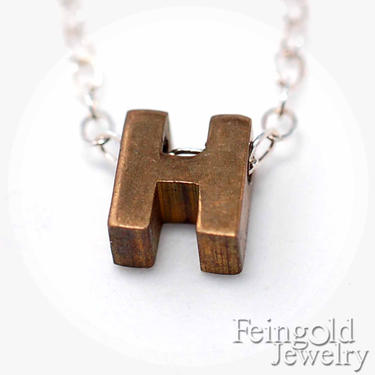 Letter H - Tiny Initial Pendant - Vintage Brass Necklace on Sterling Silver Chain - Free US Shipping 