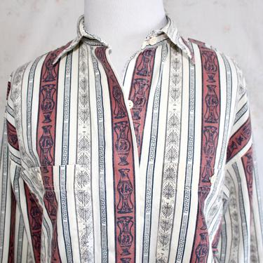 Vintage 80s Novelty Print Shirt, 1980s Button Down Shirt, Collared, Striped, Ethnic, Tribal, Blouse, Long Sleeve 