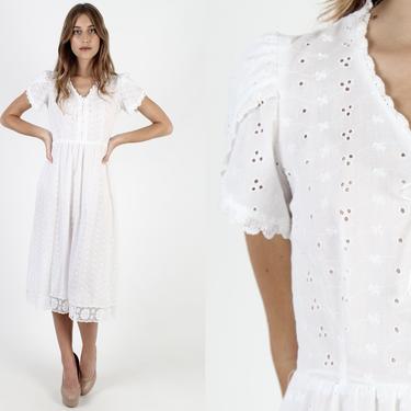 Plain White Embroidered Eyelet Midi Dress Solid Color Country Style Dress Vintage 70s Floral Embroidered Lace Up Prairie Midi Maxi Dress 