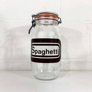Vintage Glass Kitchen Spaghetti Canister MCM Typography Pasta Storage Liter Triomphe France Hermetic Seal Top Metal Wire Bale 