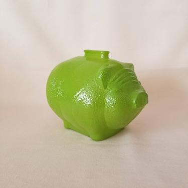 Vintage 50s Lime Green Piggybank / Painted Green Glass Coin Bank / Midcentury Anchor Hocking Piggy Bank / Children's Collectible Piggy Bank 