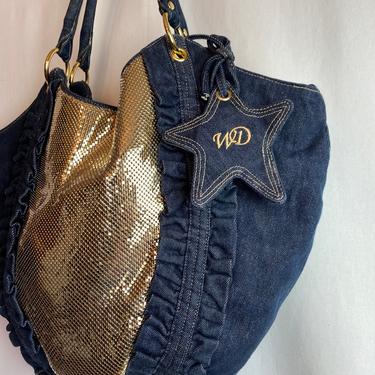 Whiting & Davis Purse oversized Denim and Gold metal mesh big bag~ ruffles stars mirror~ oversized 80’s 90’s retro trendy soft shell 