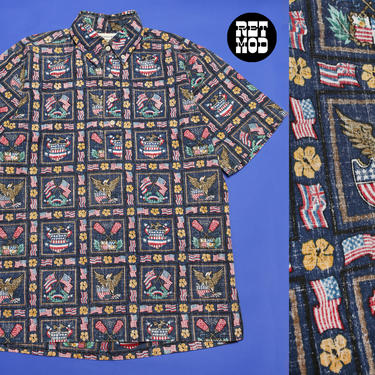 Americana Vintage 70s Men's Patriotic Novelty Pop Art Print Hawaiian Button Down Shirt 