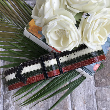Vintage Patent Leather Striped Belt Wide Cream Ted Green Women’s Belts 