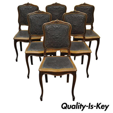 Six Early 20th C. French Louis XV Style Embossed Leather Walnut Dining Chairs