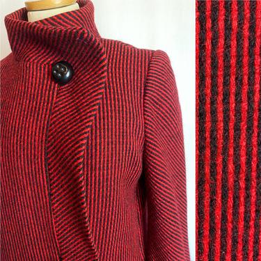 60’s long wool coat Red & black pinstripe women’s overcoat pinup style outerwear Neiman Marcus woolen tweed size 4-6 