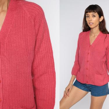 Pink Cardigan Sweater 70s Sweater Raglan Sleeve Plain Wool Blend Button Up Grandma Sweater Slouchy Boho Vintage 80s Bohemian Medium 
