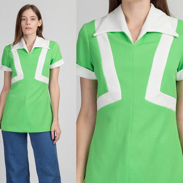 60s Mod Green &amp; White Collared Longline Top - Small | Vintage Short Sleeve Retro Shirt Micro Mini Dress 
