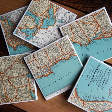 1936 Eastern United States Handmade Repurposed Vintage Map Coasters Set of 6 - Ceramic Tile - Repurposed 1930s Colliers Atlas 