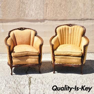 Antique Hollywood Regency French His &amp; Hers Carved Mahogany Club Chairs - a Pair